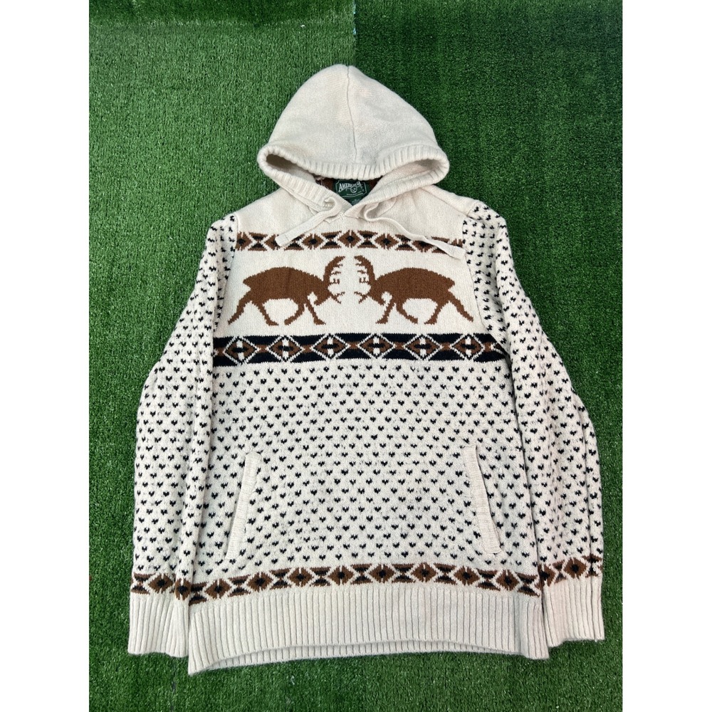 American Eagle Mens Medium Tall MT Fair Isle Elk Knit Hoodie Sweater Cream Brown